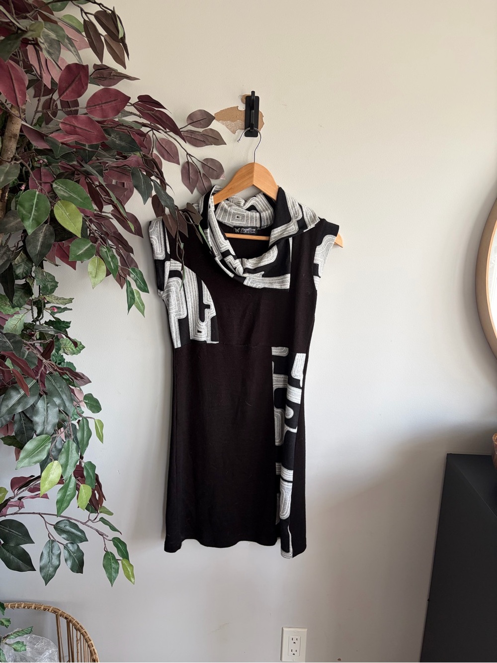 Black Mini Dress with White Graphic Accents and Cowl Neck